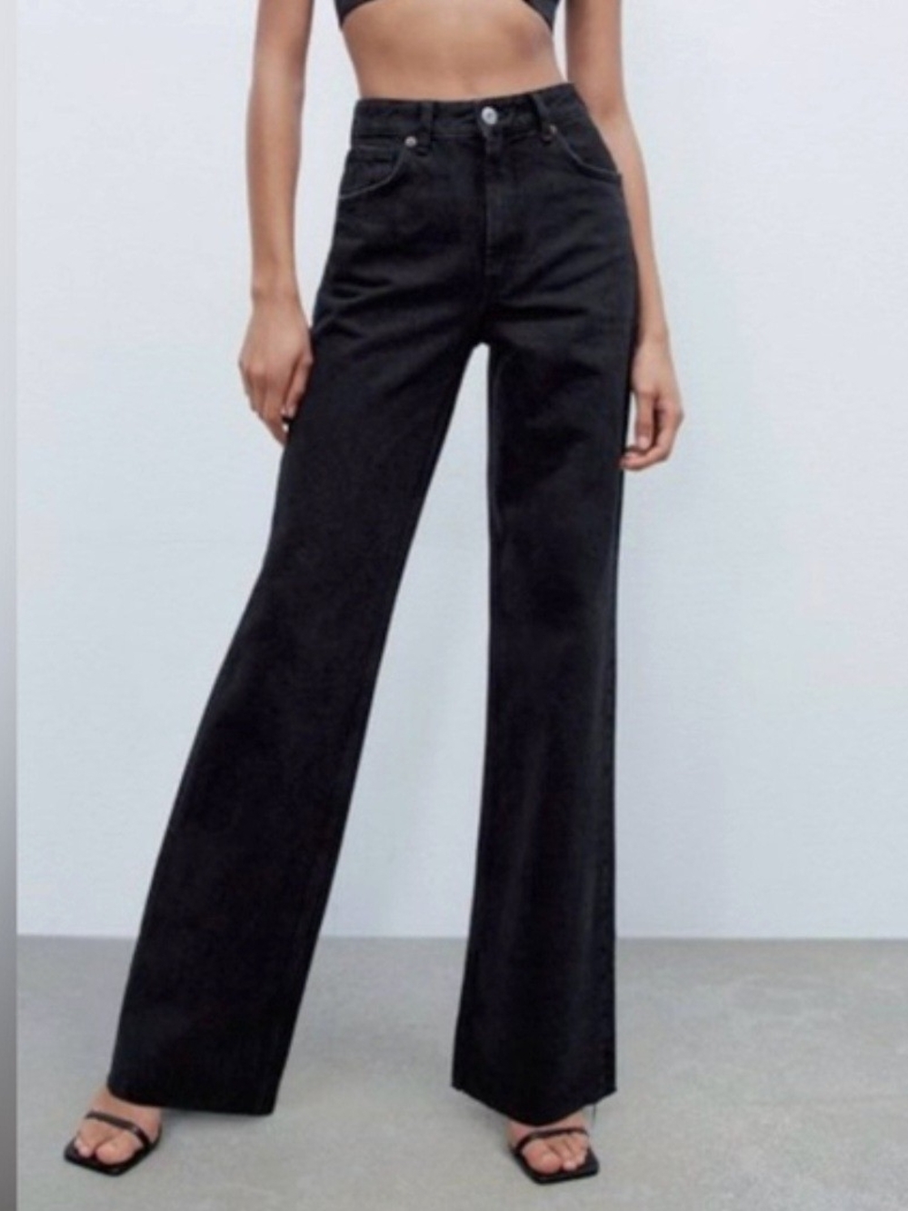 Zara Black High-Rise Wide Leg Women's Jeans Soft Flexi Full Length Soft Denim